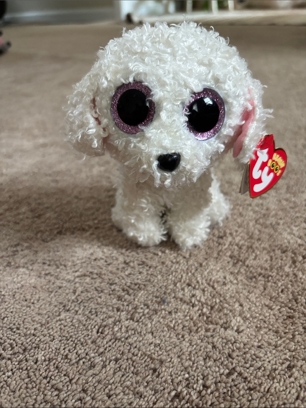 TY White Curly Plush Puppy with Purple Sparkle Eyes